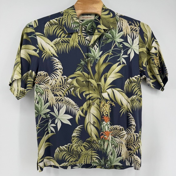 Tommy Bahama Silk Shirt Mens Large Navy Blue Tropical Palm Leaf Camp Button Down - Picture 2 of 8
